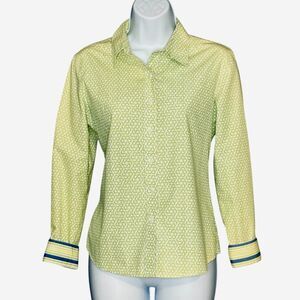 Foxcroft Margie 8P Shaped Fit Button Up Shirt Lime Yellow Ombre Geo Print Preppy